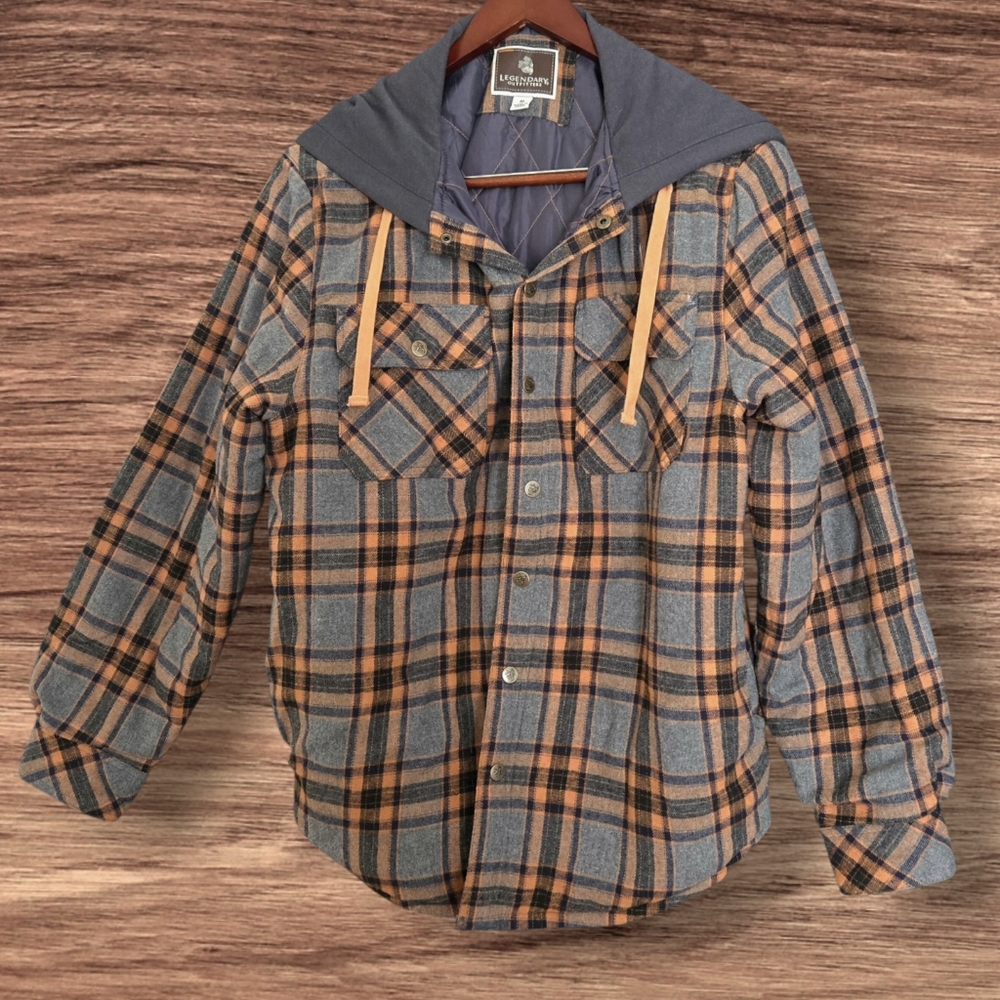 Plaid Flannel Shacket Orange Gray Hooded Quilt Lining Grunge Outdoors Sz M
